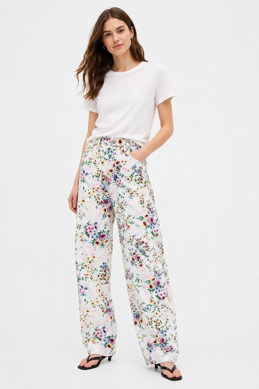 GAP Barrel High Rise Floral Jeans 100% Cotton No Stretch Size 32 14T